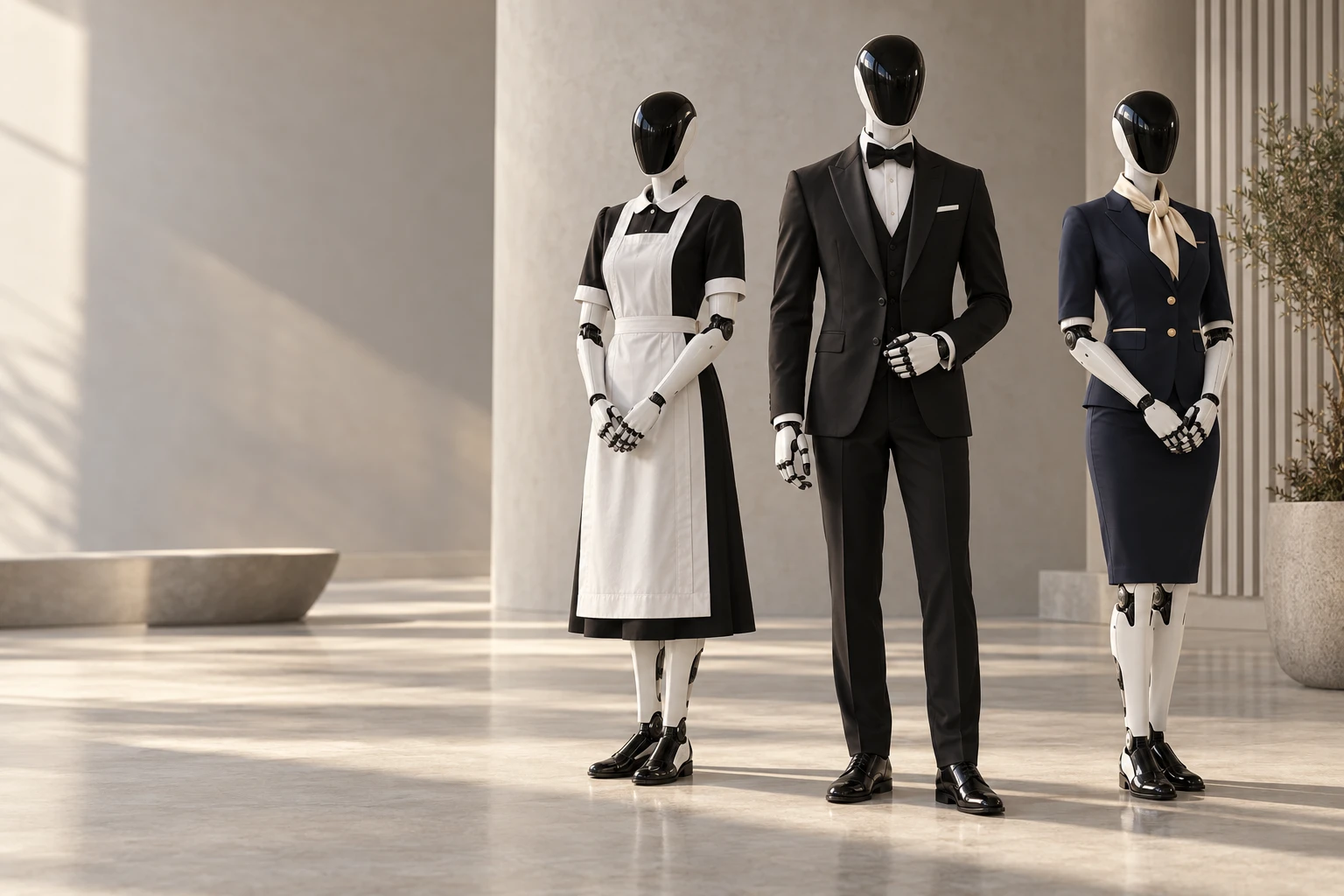 Three humanoid robots wearing maid, butler and cabin crew uniform concepts in a warm studio