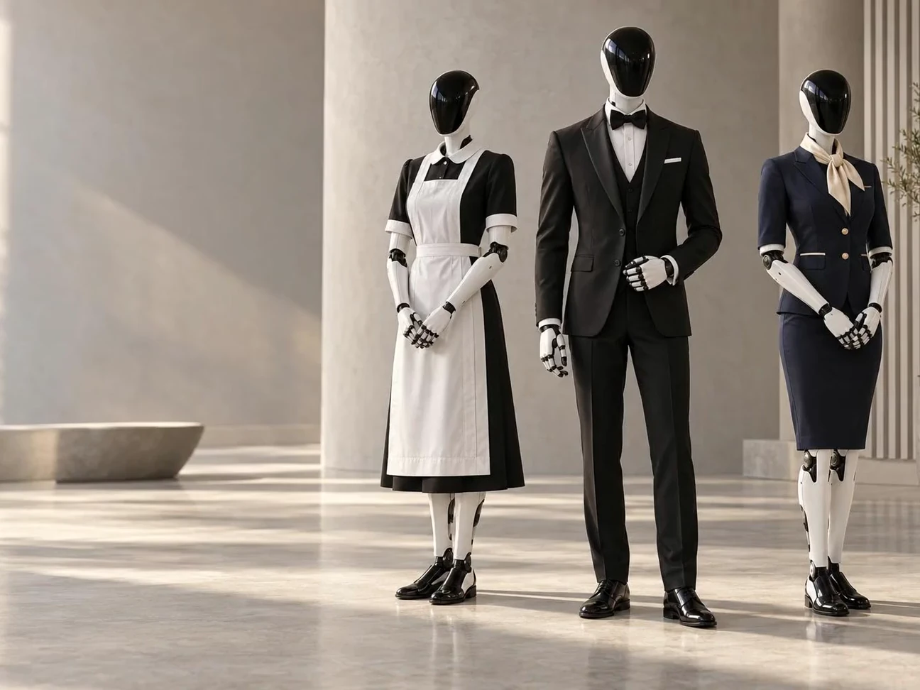 Three humanoid robots wearing maid, butler and cabin crew uniforms in a warm studio
